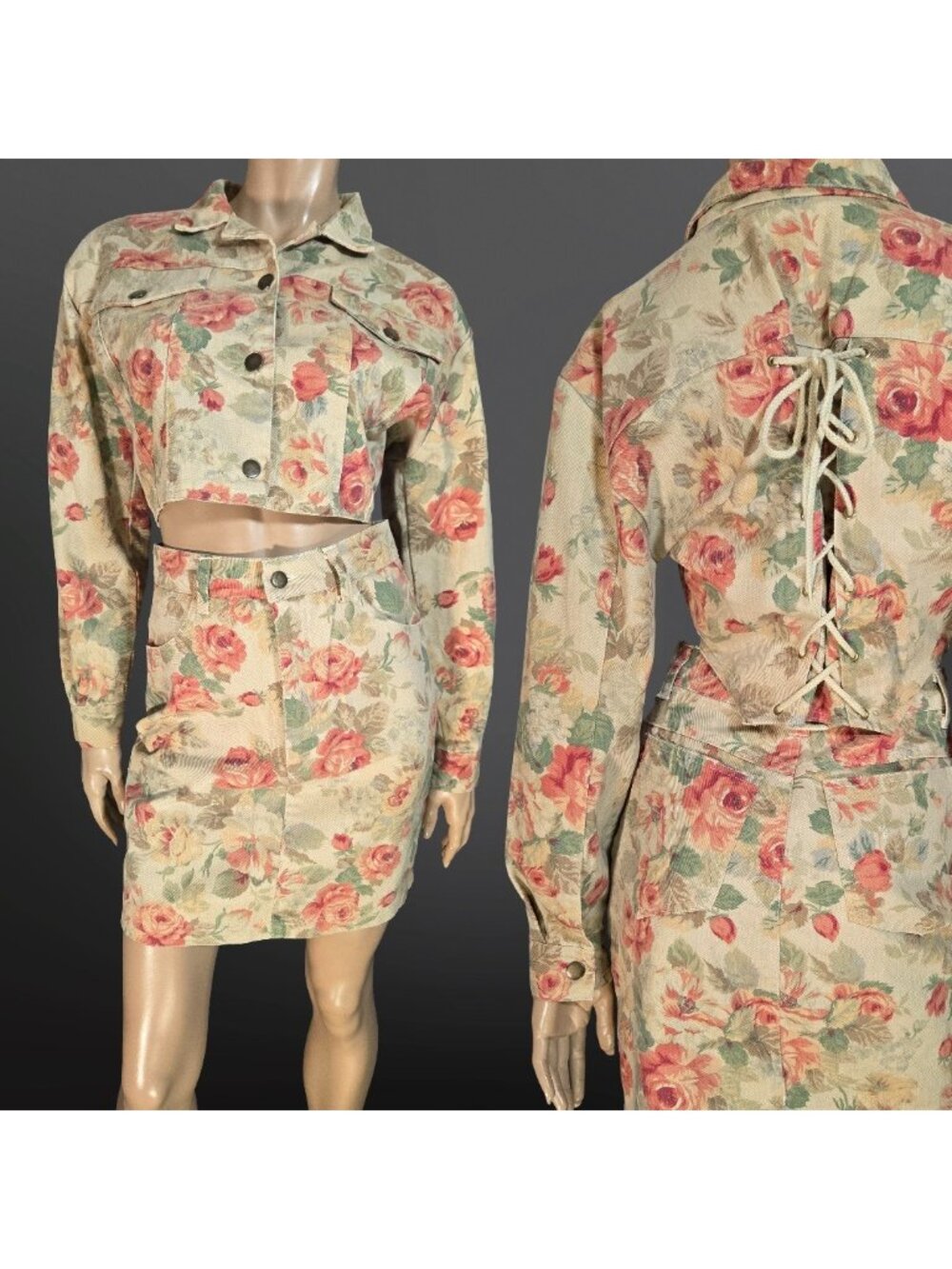 Vintage 80s 90s Floral Denim Cropped Jacket Skirt Set Size S Lace Up Corset